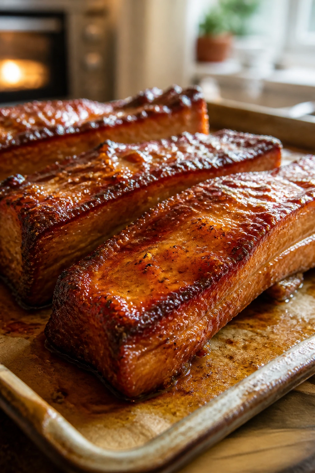 Close-up of five-spice pork belly with honey glaze