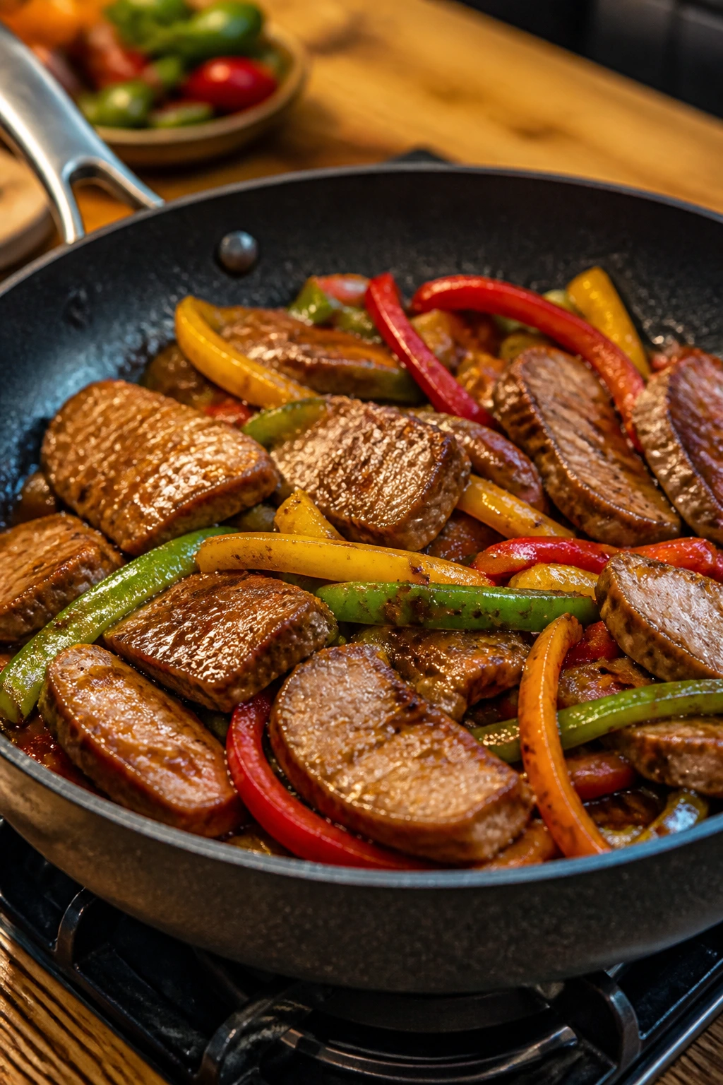 Close-up of pork with peppers in five-spice glaze