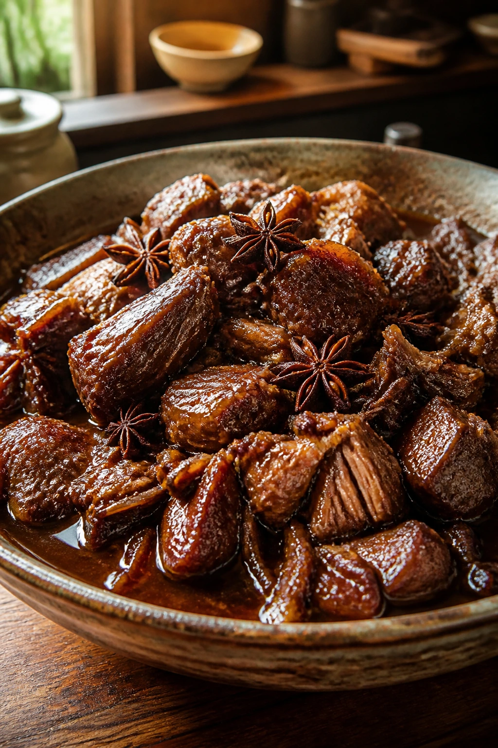Close-up of braised Chinese five-spice pork shoulder with star anise in a glossy sauce