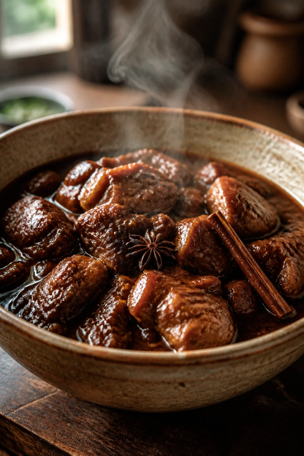 Close-up of five-spice red braise with star anise and cinnamon in a rustic bowl