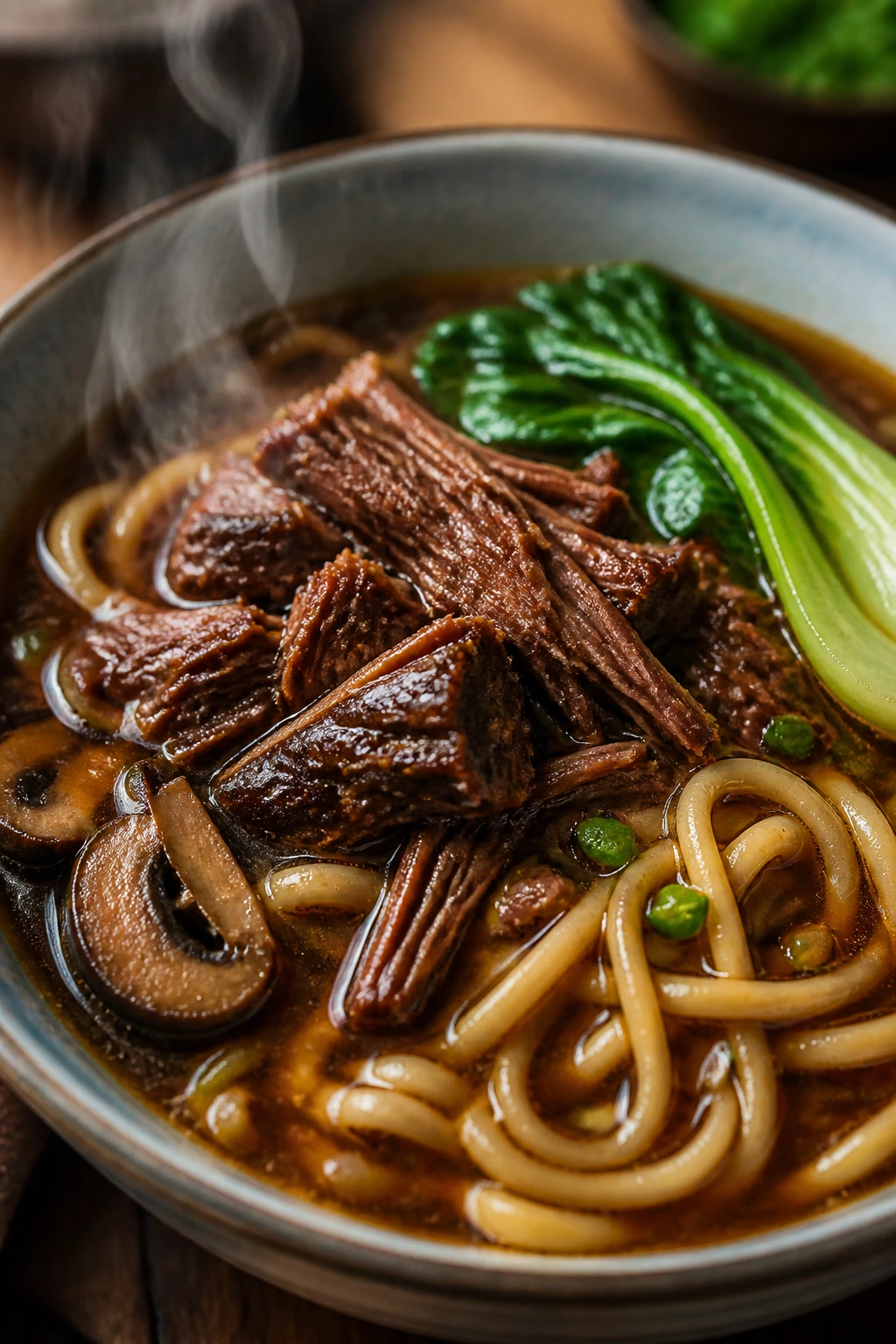 Close-up of Five-Spice Short Rib Noodle Soup with tender beef and noodles