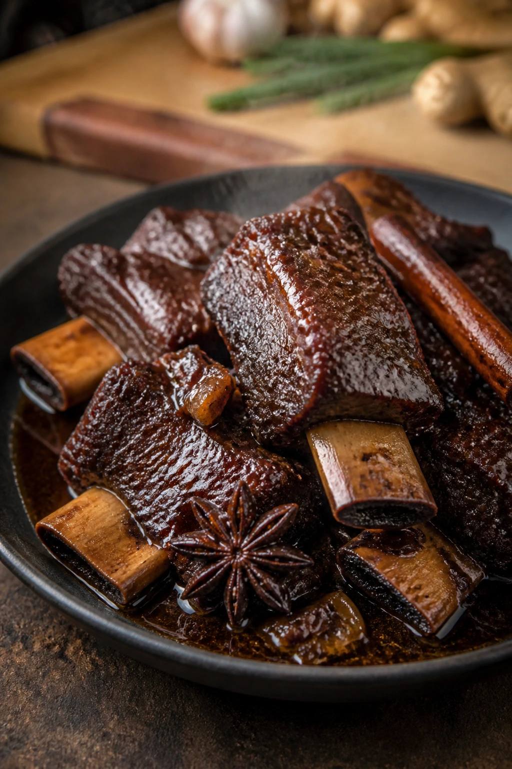 Close-up of five-spice braised short ribs in dark glaze on a plate