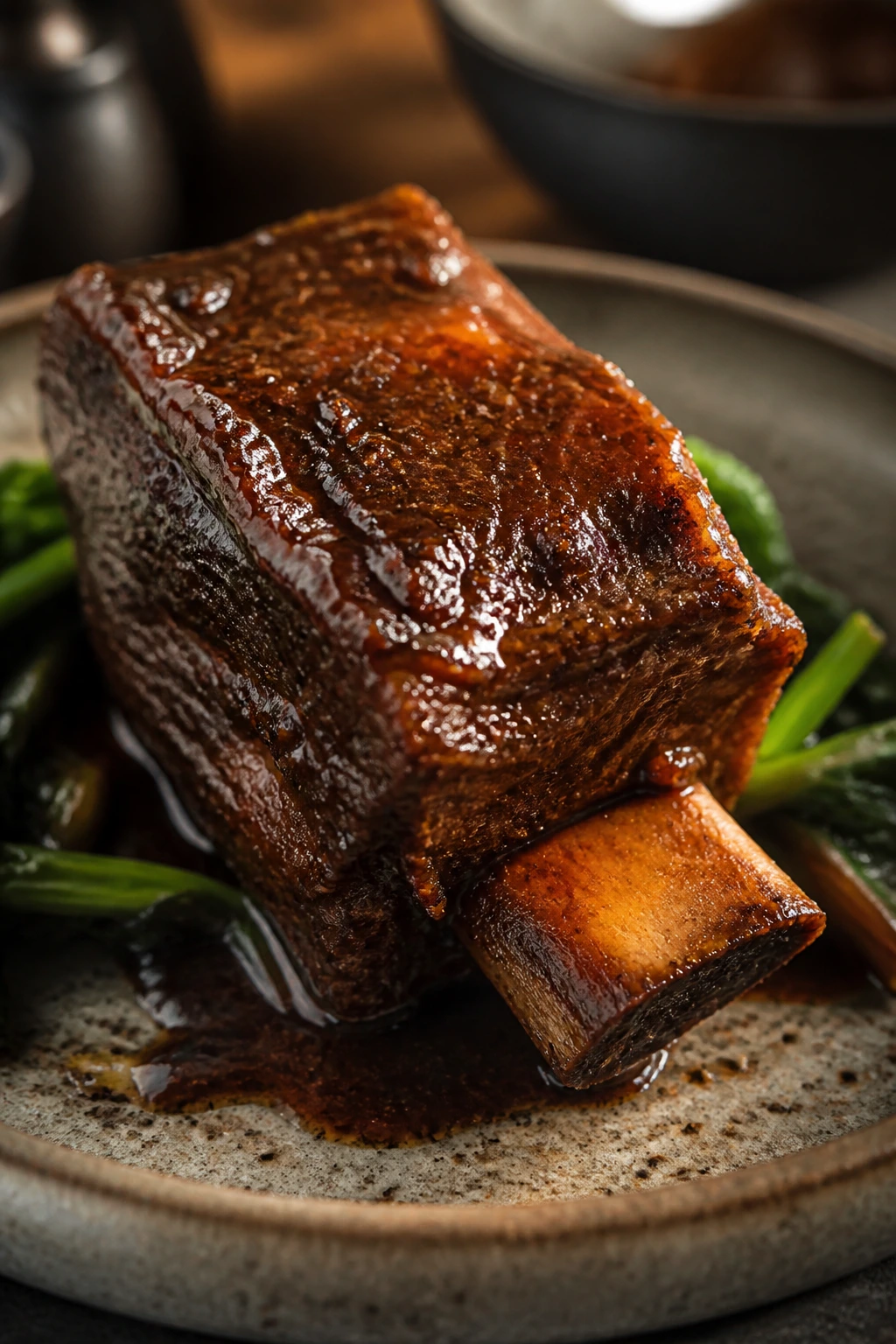Close-up of five-spice braised short rib on a rustic plate
