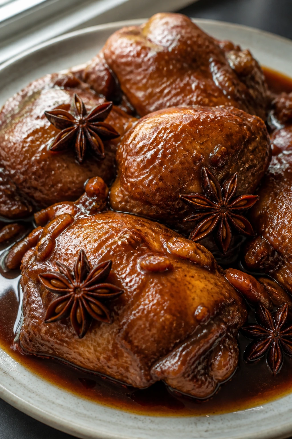 Close-up of Five-Spice Soy Chicken with star anise