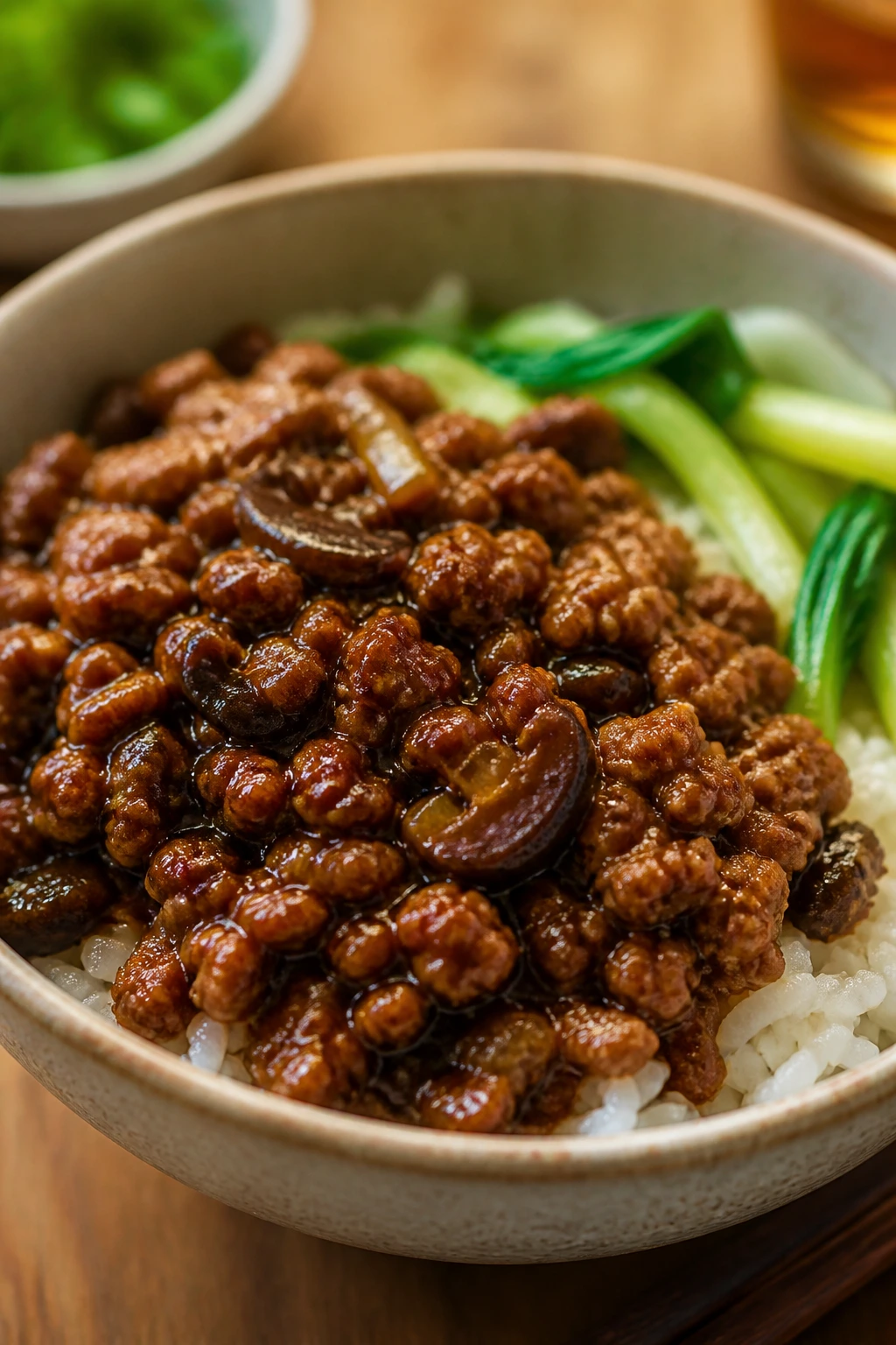 Close-up of five-spice turkey rice bowl with bok choy on a wooden kitchen counter