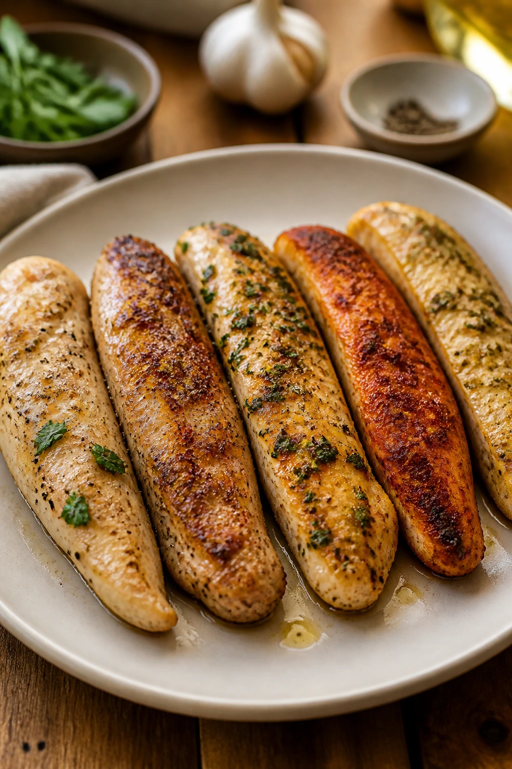 Plate with five chicken cutlets showing five variations.