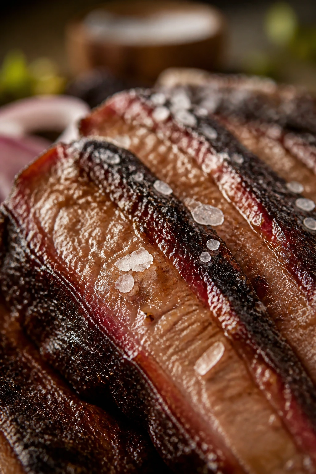 Flaky salt on smoked brisket slice macro shot