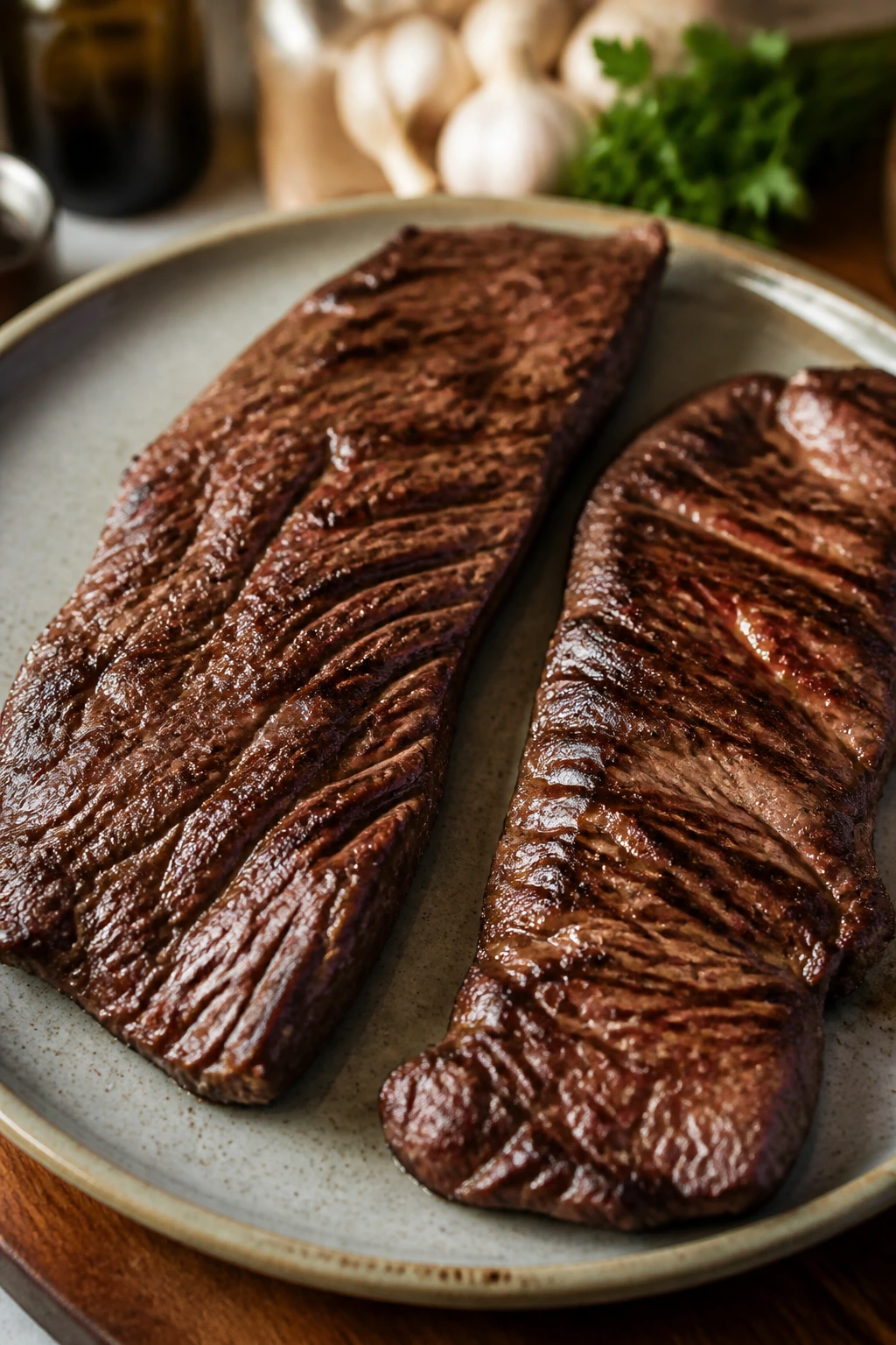 Flank and skirt steaks on plate with sear marks