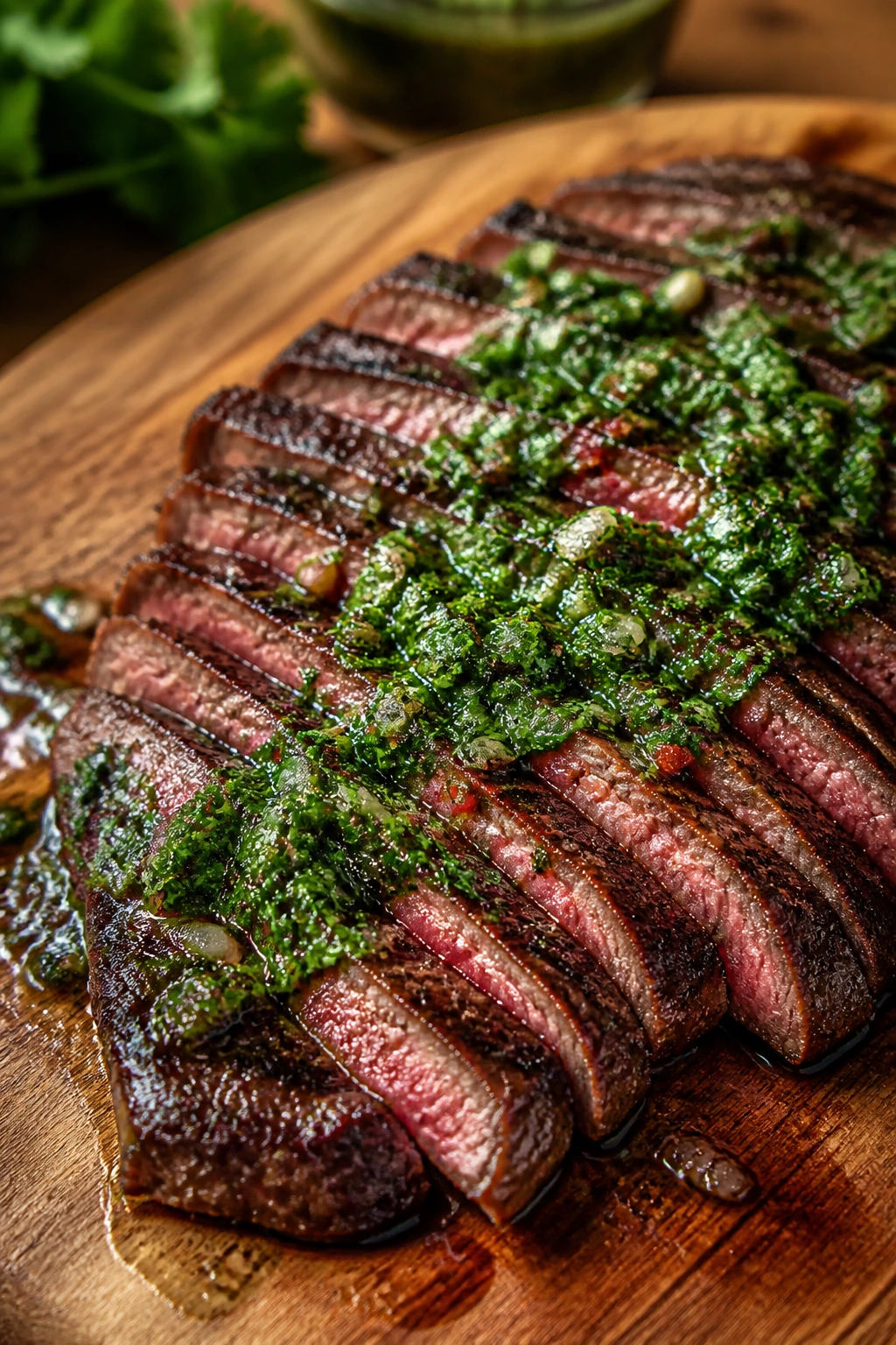 Close-up of flank steak with chimichurri on a wooden board
