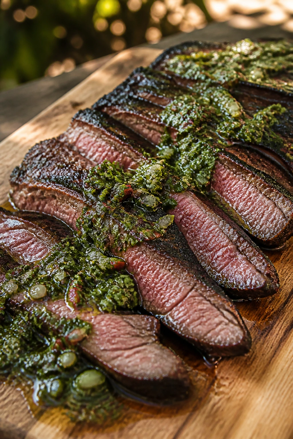 Close-up of flank steak with chimichurri on a wooden board