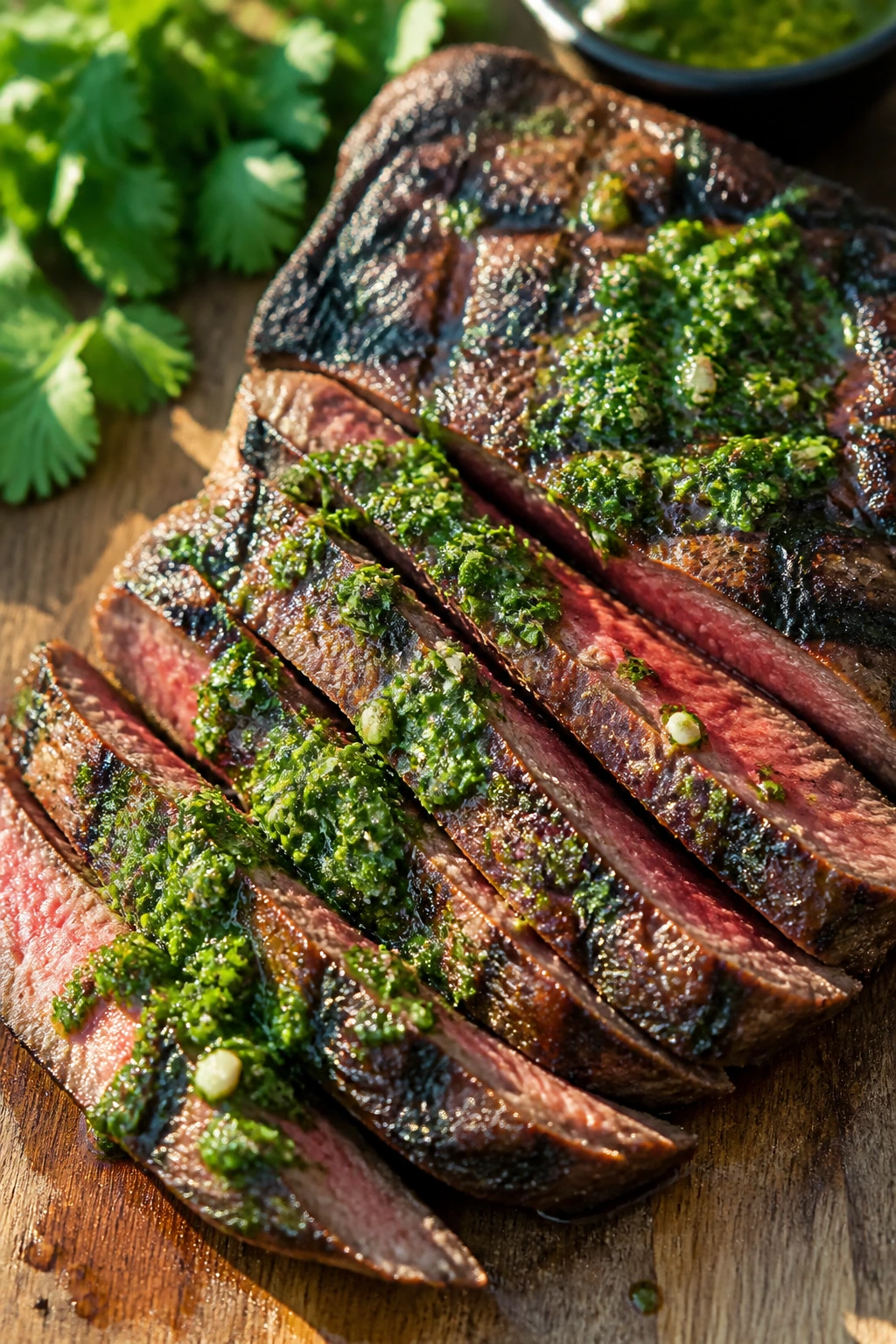 Close-up of flank steak with chimichurri on a rustic board outdoors