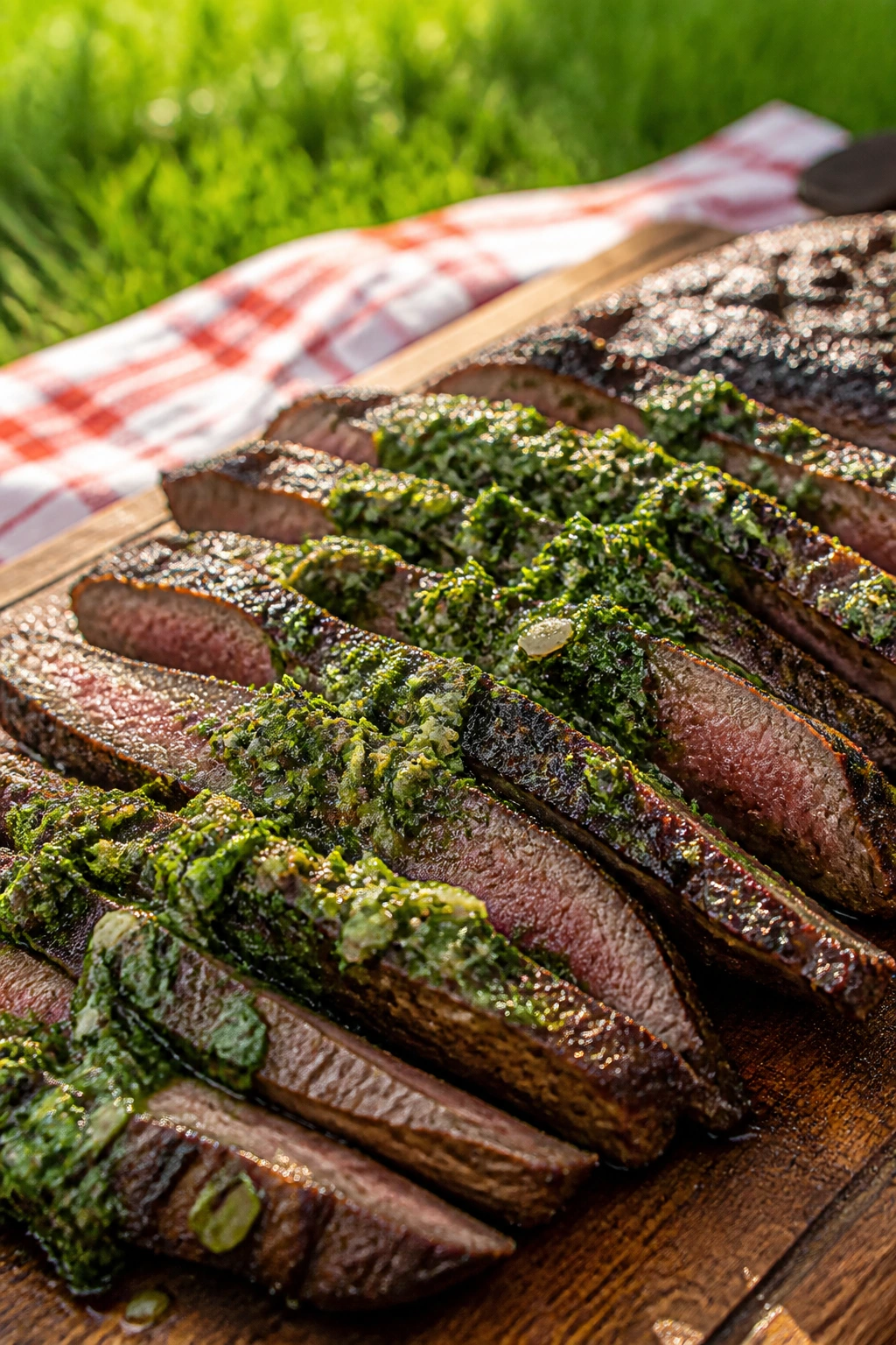 Close-up of chimichurri flank steak on rustic board outdoors