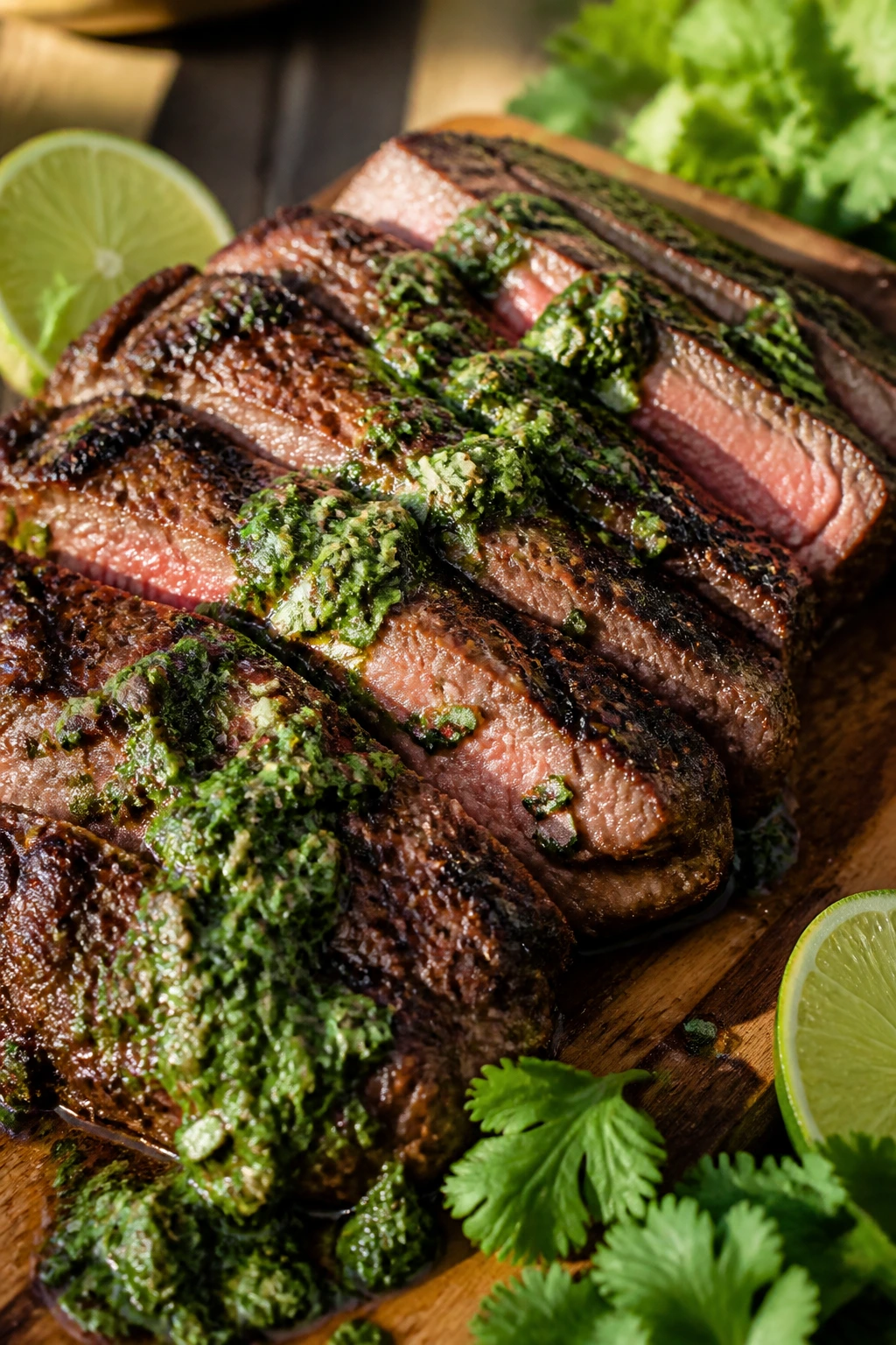 Sliced cilantro-lime flank steak with herb sauce on cutting board