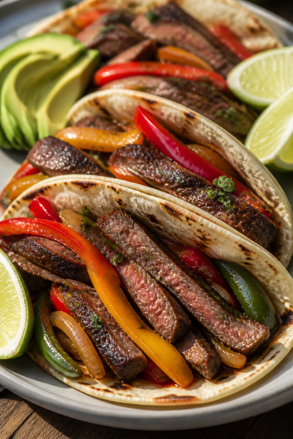 Flank steak fajita tacos with peppers and avocado
