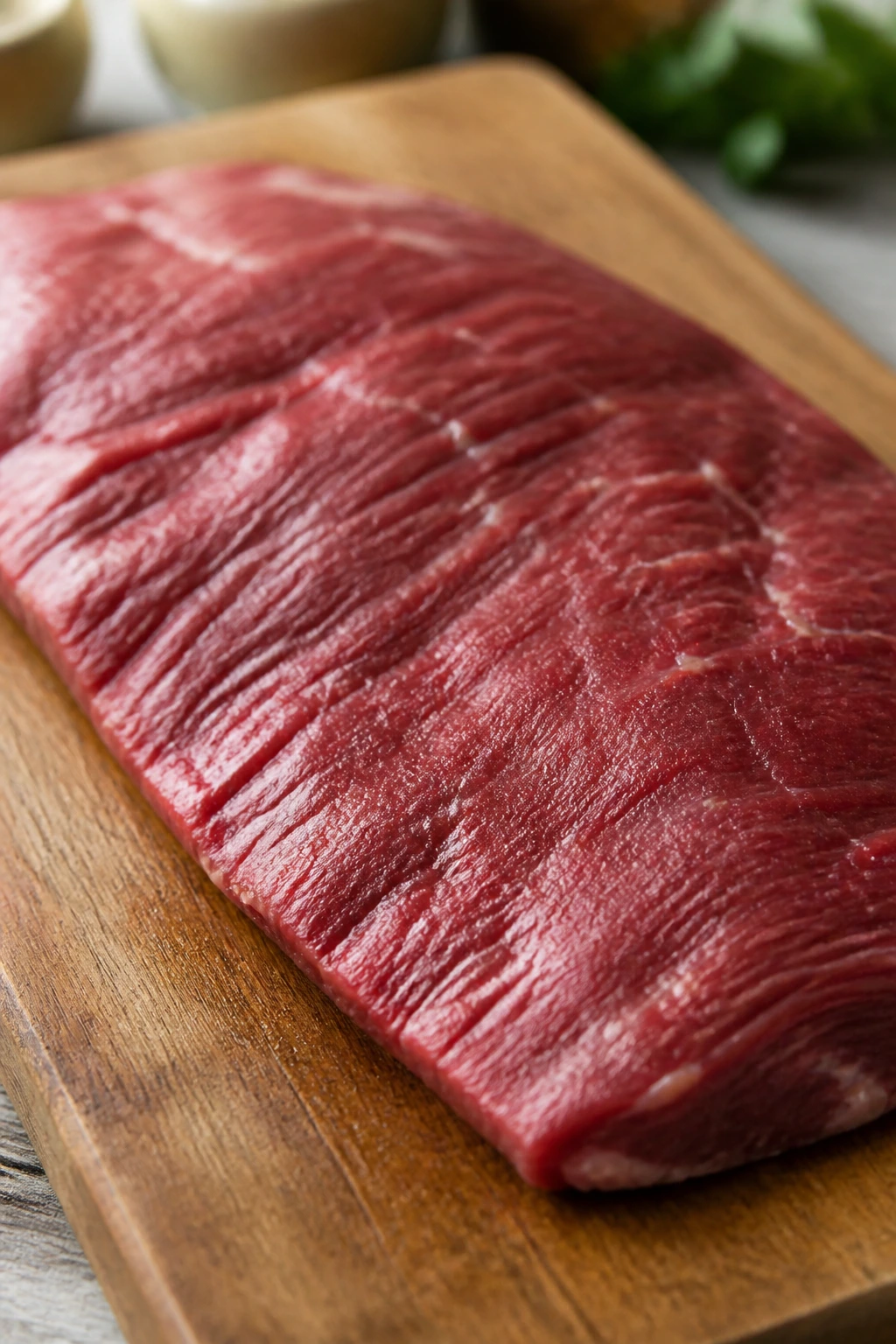 Flank steak on cutting board ready for slicing