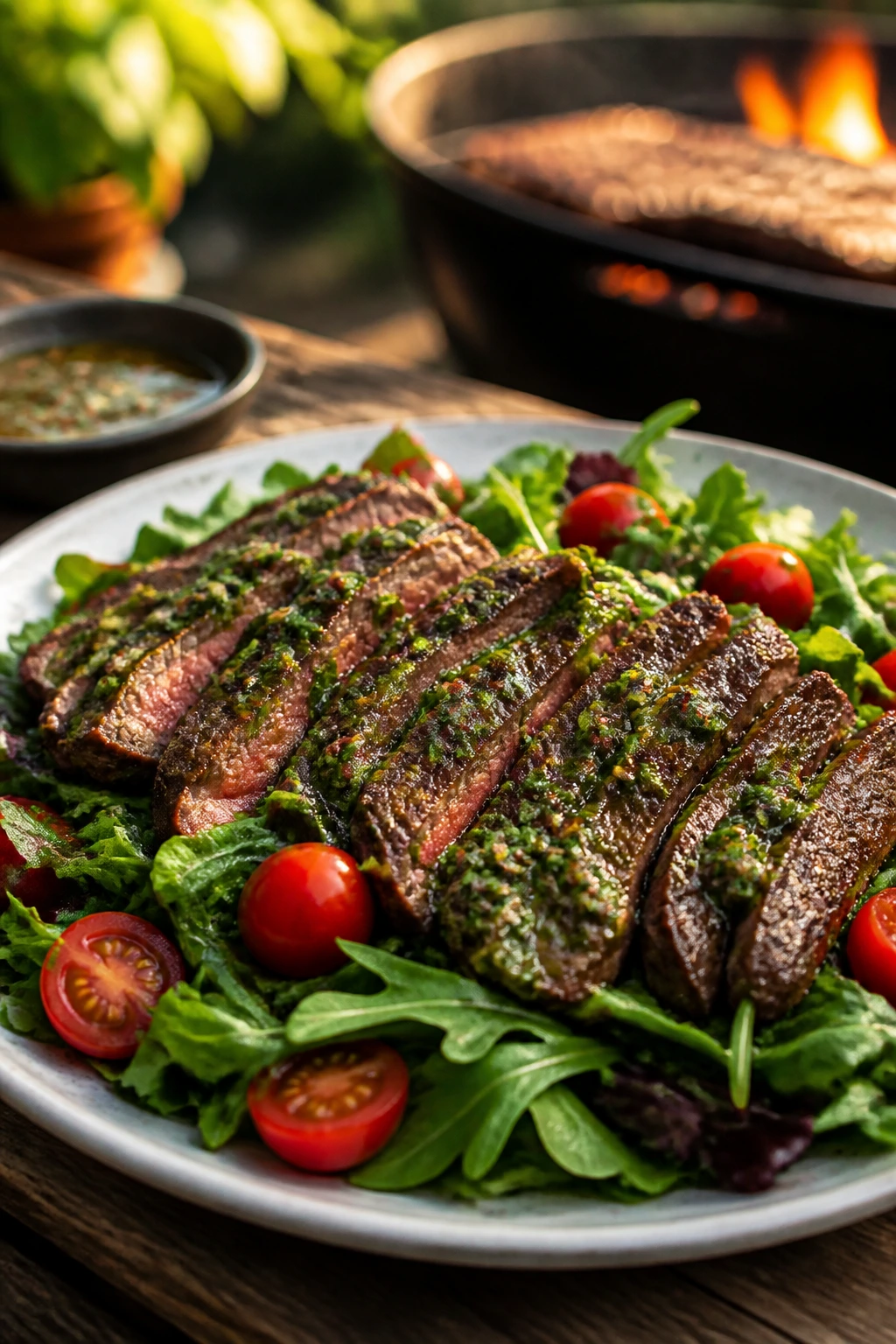 Flank steak salad with greens and chimichurri sauce