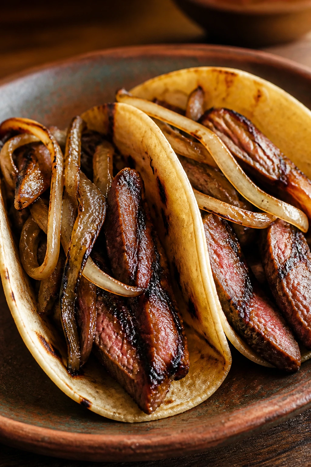 Flank steak tacos with charred onions on rustic plate