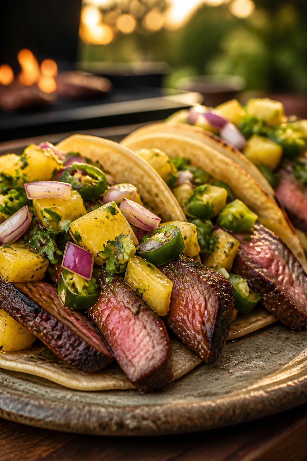 Close-up of flank steak tacos with pineapple-jalapeño salsa on a rustic plate outdoors