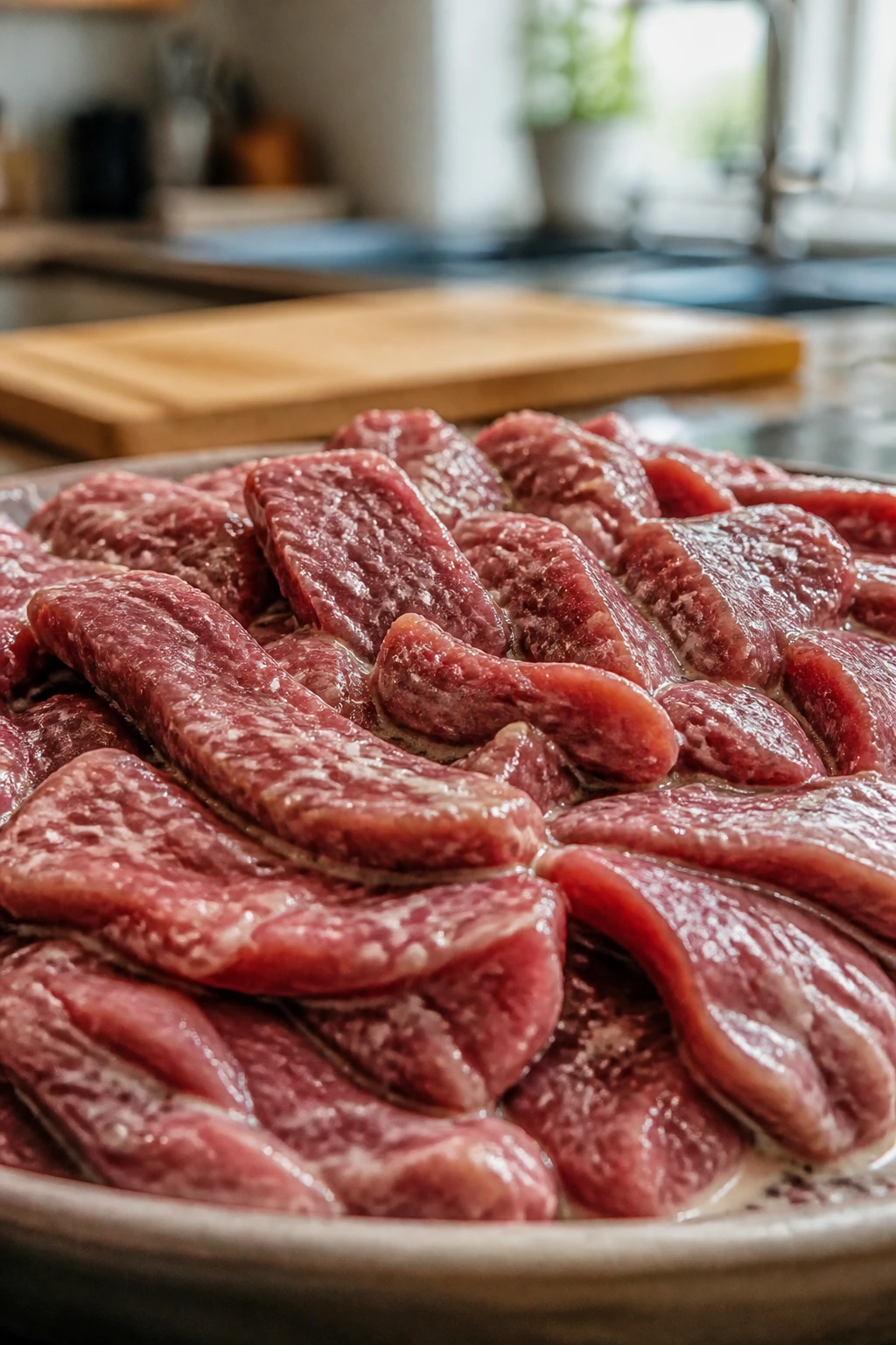 Ultra-thin flank steak slices with a glossy glaze in a kitchen