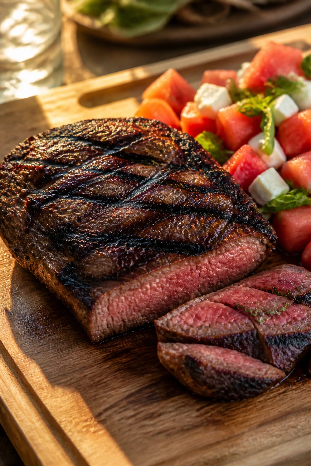 Close-up of flank steak with watermelon-feta salad on a board