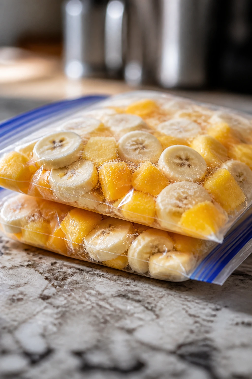 Flat freezer bags filled with frozen fruit laid on a counter