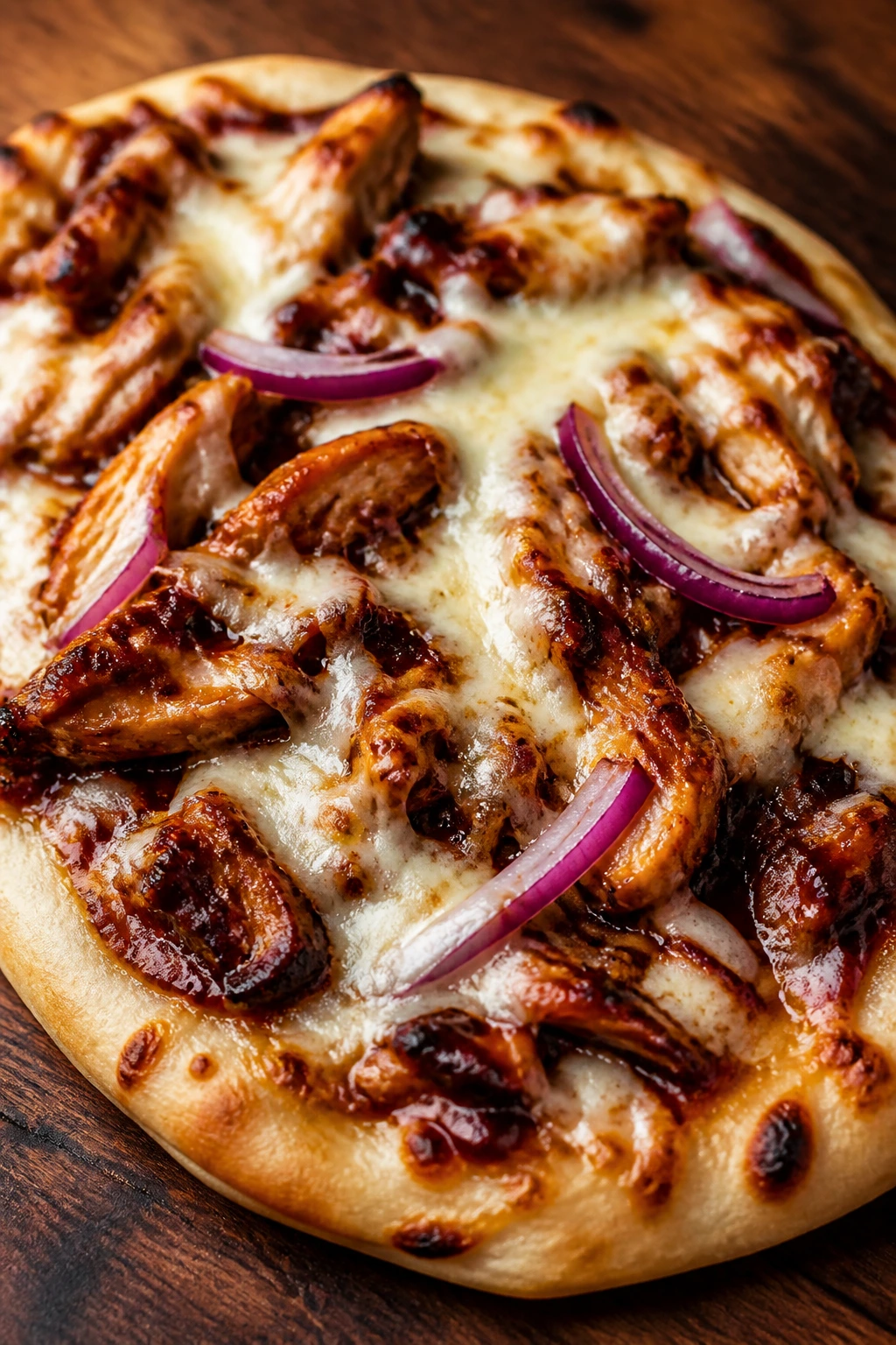 BBQ chicken flatbread topped with onion and mozzarella