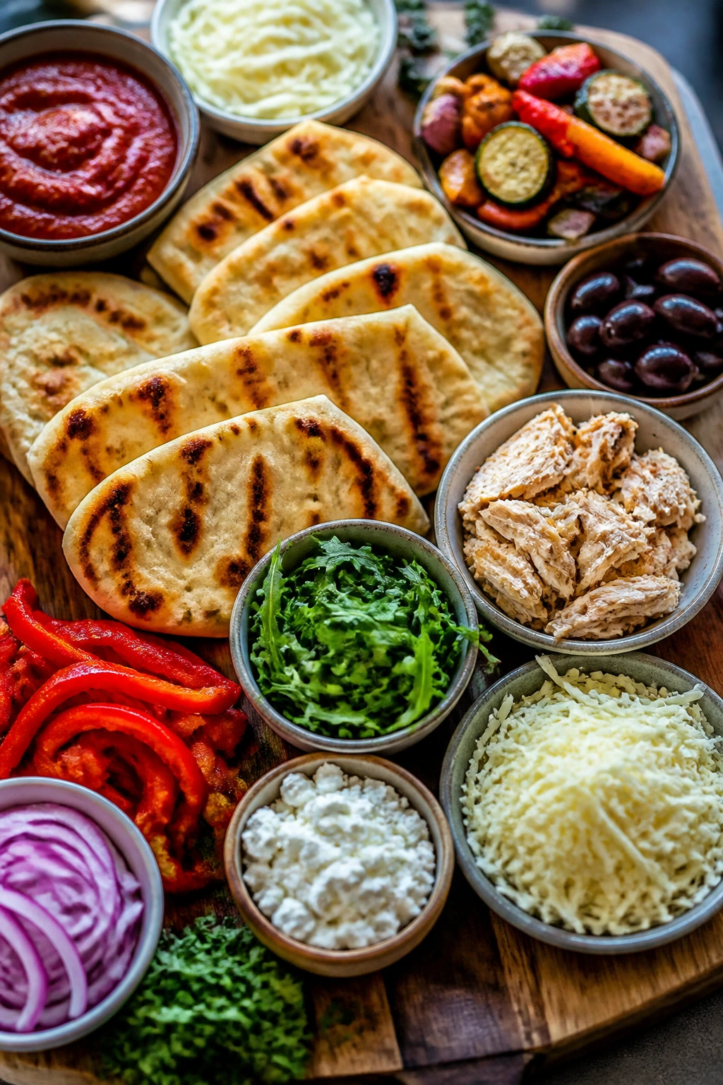 Close-up of a flatbread board with toppings in a cozy kitchen