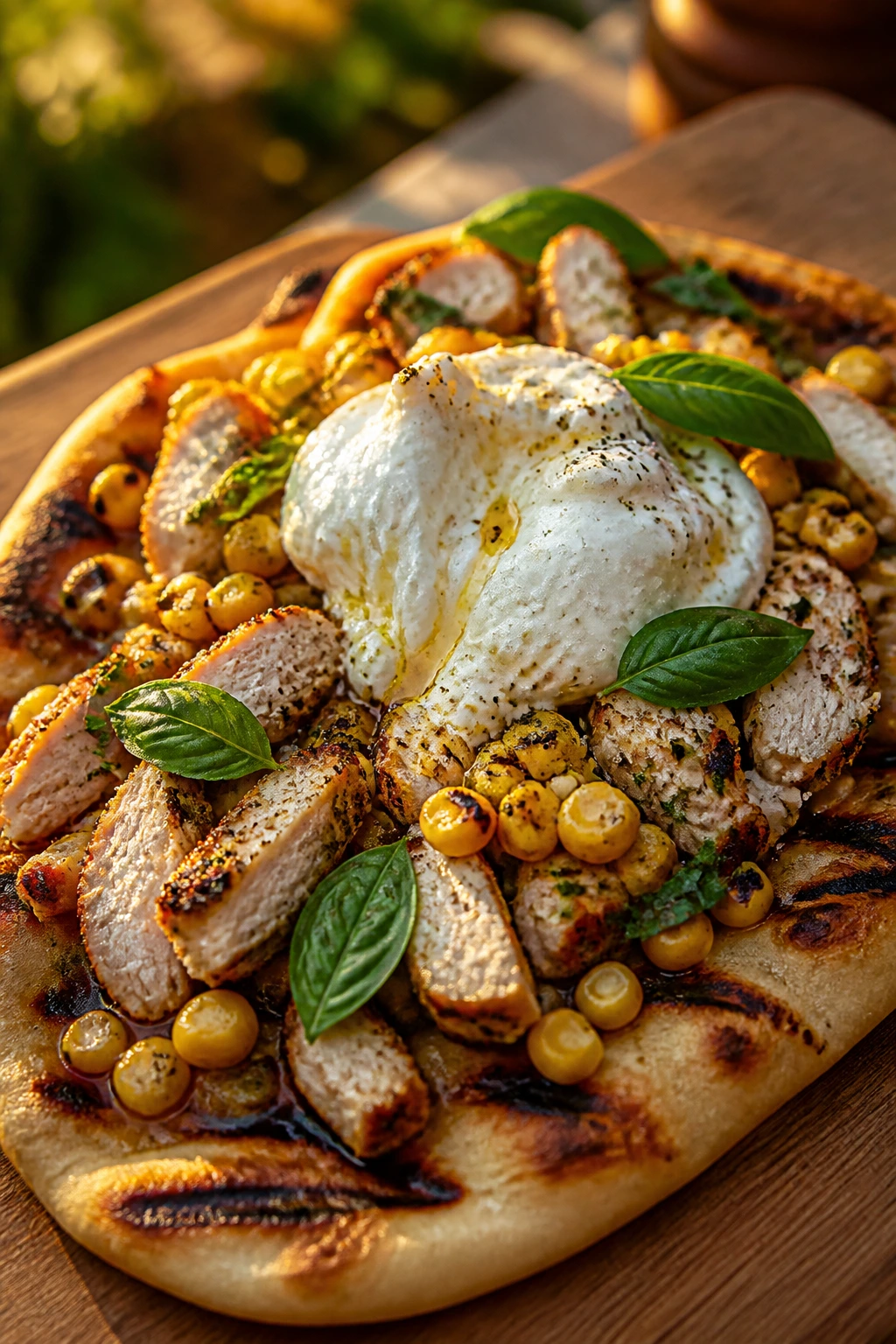 Flatbread topped with corn, chicken, and burrata on a wooden board outdoors
