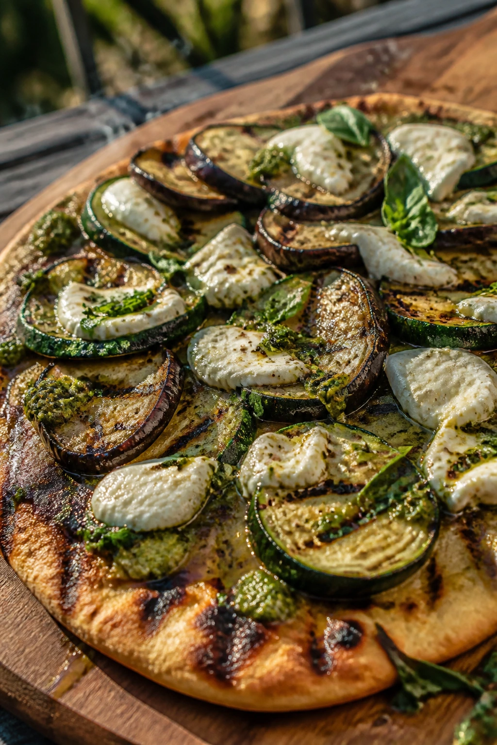 Blistered flatbread with grilled vegetables and melted mozzarella