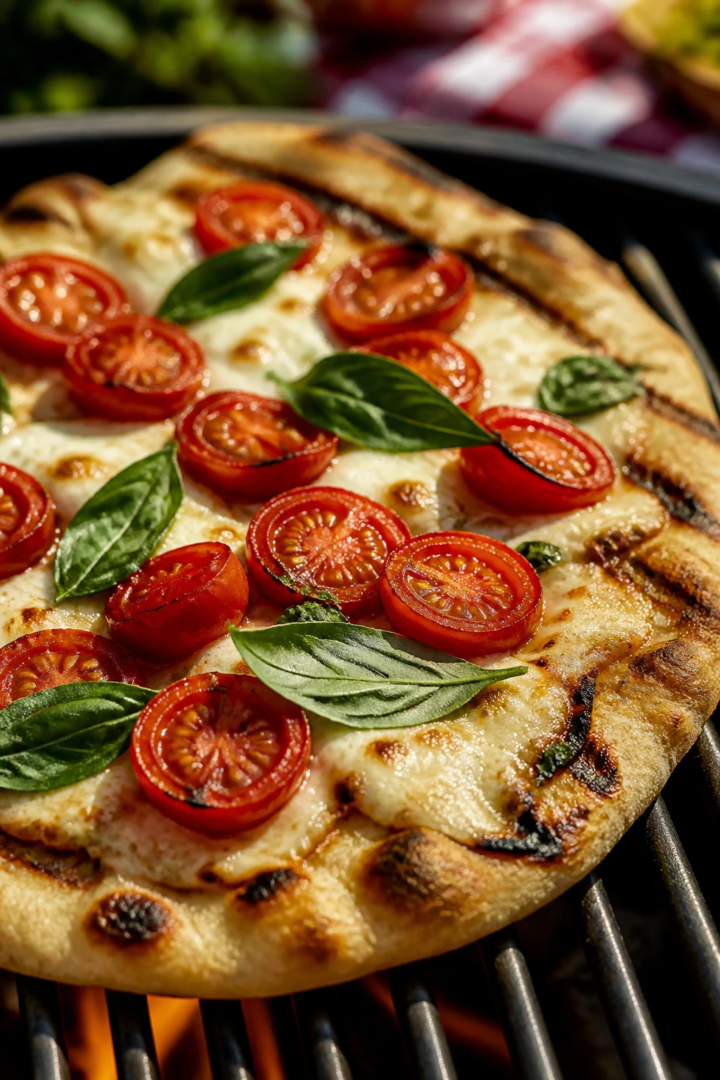 Grilled tomato-mozzarella flatbread with basil on a picnic setting