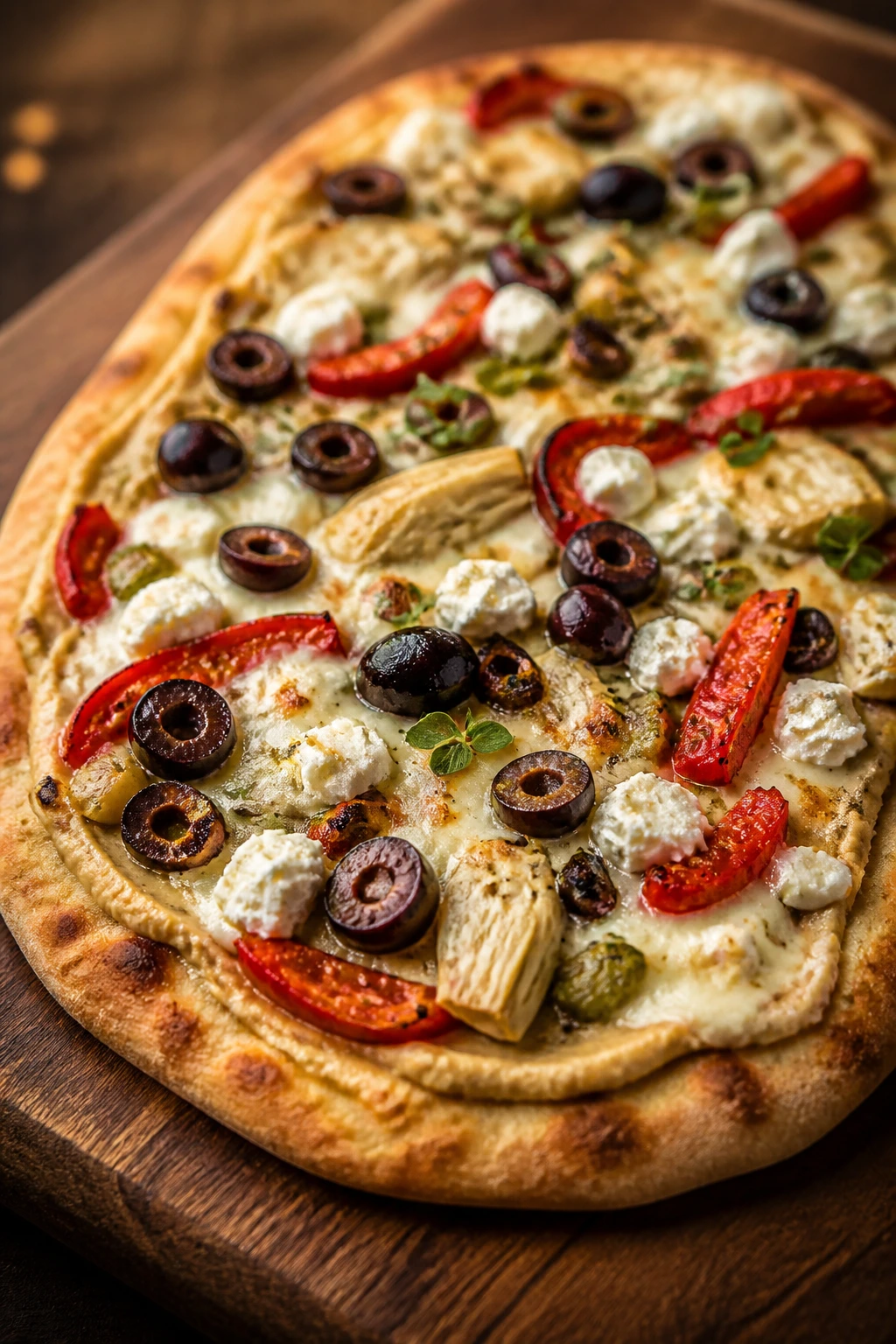 Flatbread topped with Mediterranean toppings on a wooden board