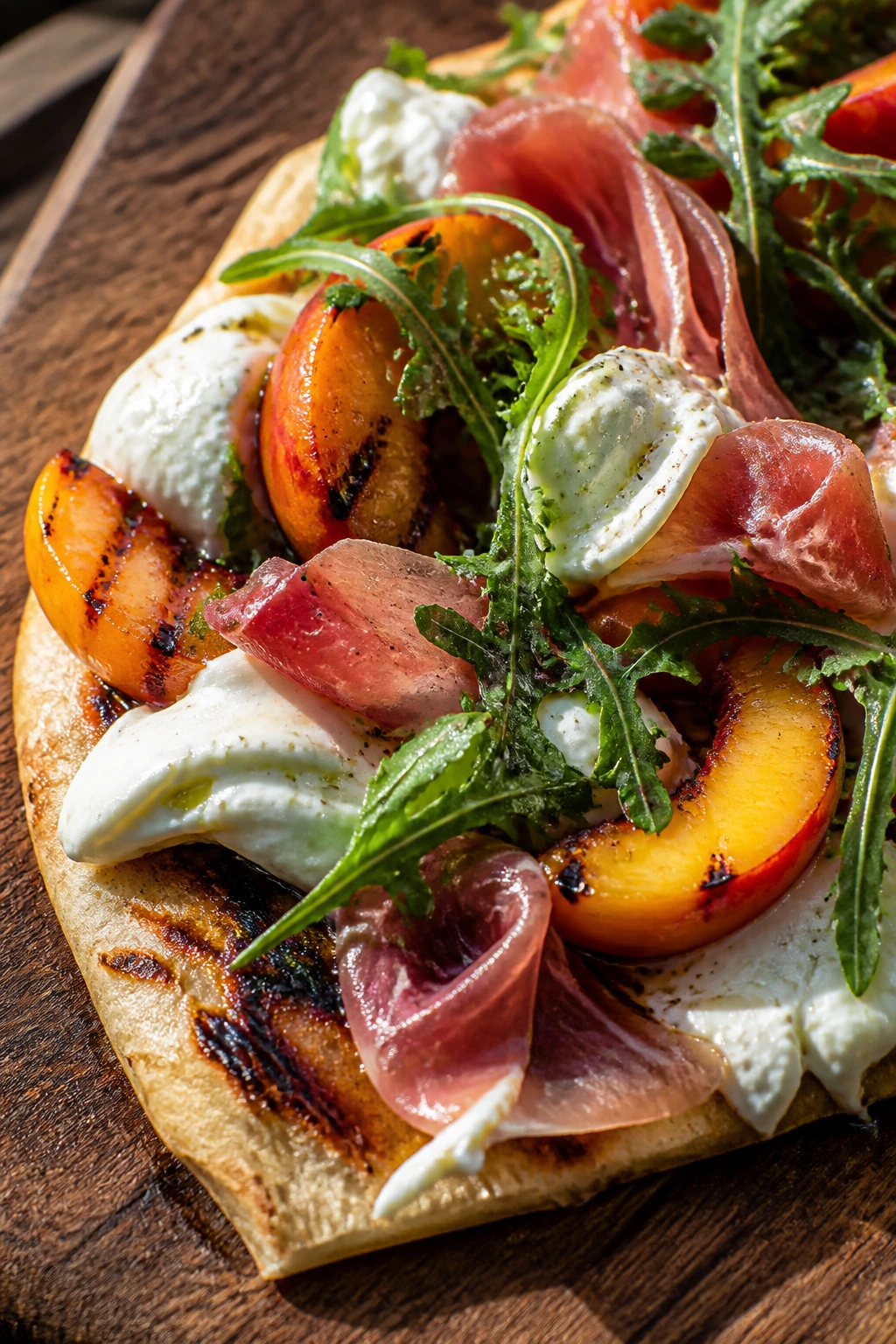 Flatbread slice with burrata, peaches and prosciutto on a wooden board