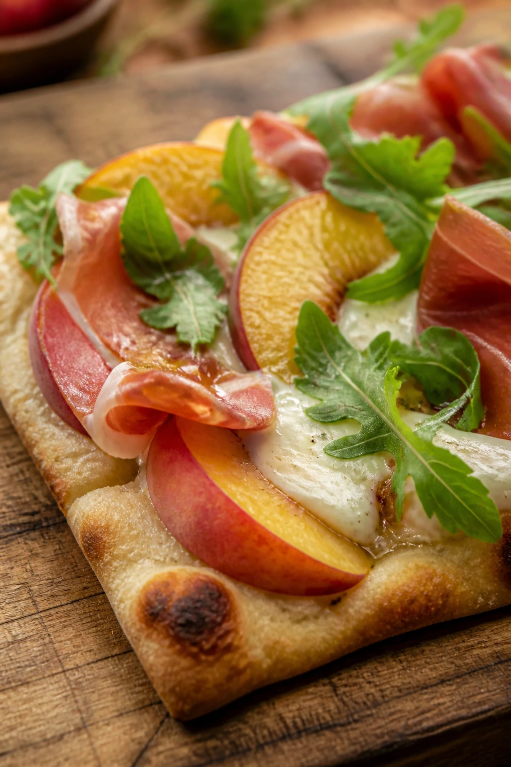 Flatbread with peaches, prosciutto and arugula on wood board