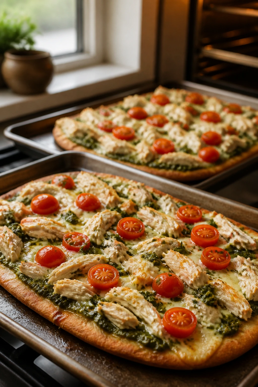 Close-up of pesto chicken flatbread pizzas fresh from the oven.