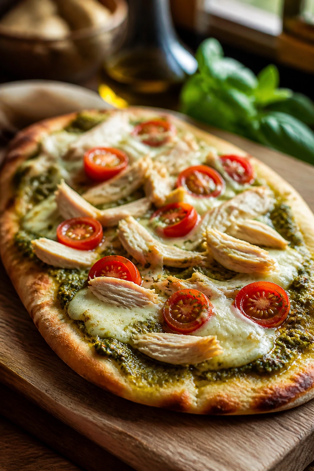 Close-up of pesto chicken flatbread on a wooden board