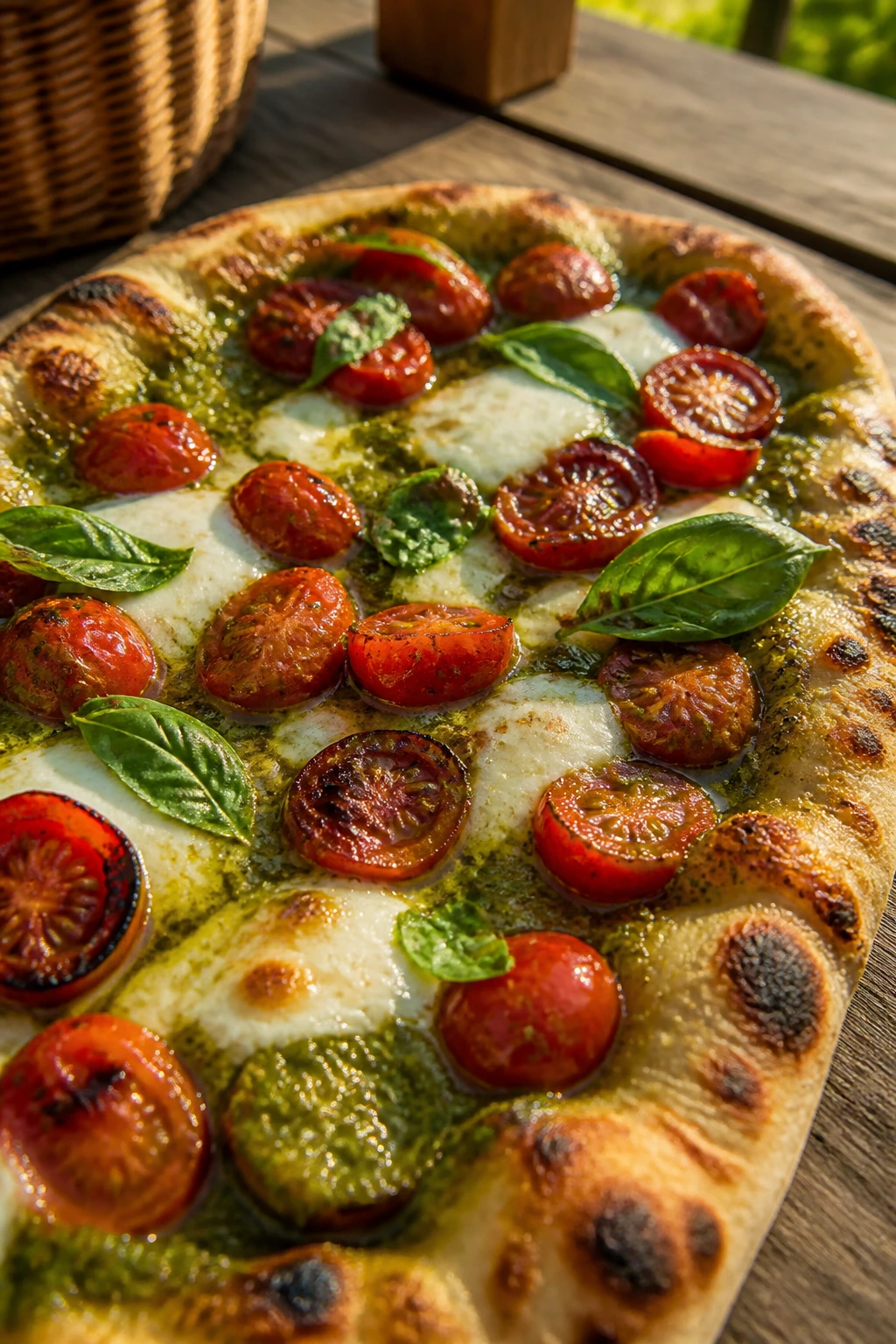 Close-up of pesto-tomato grilled flatbread with melted mozzarella outdoors
