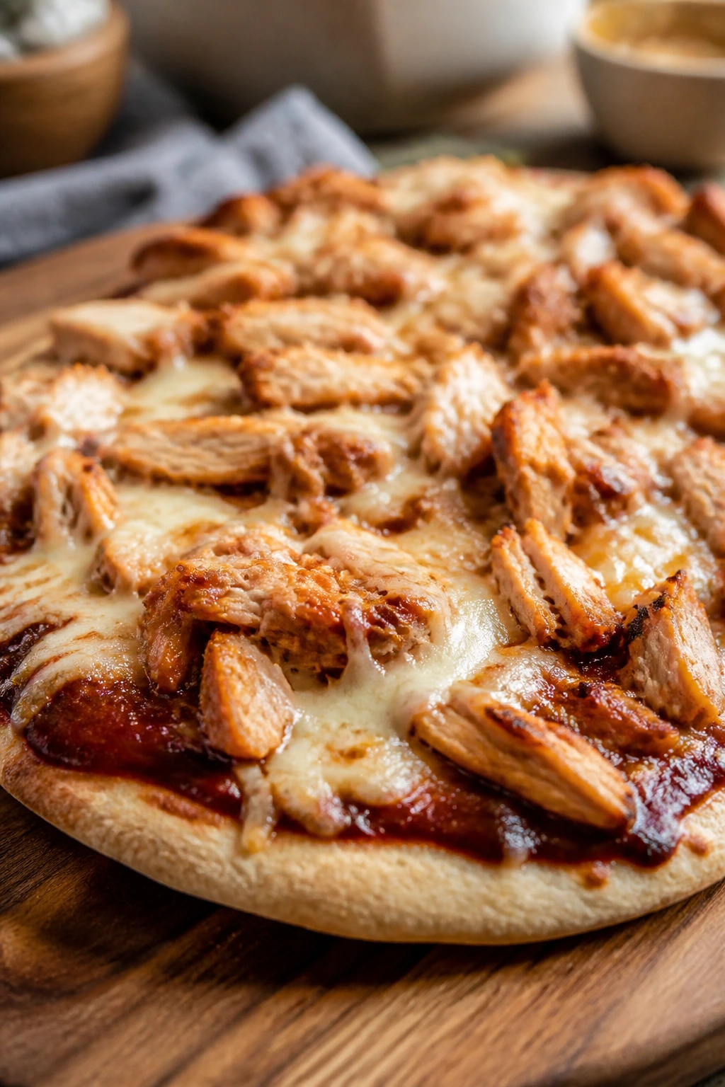 Close-up of BBQ chicken flatbread pizza on a wooden board
