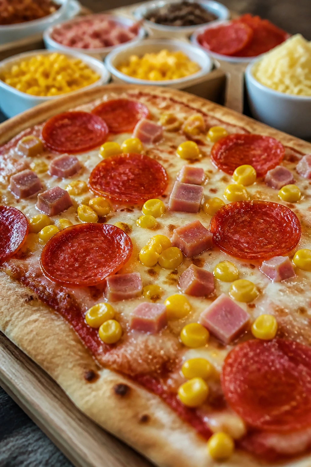 Crisp flatbread pizza with simple toppings on a kitchen counter