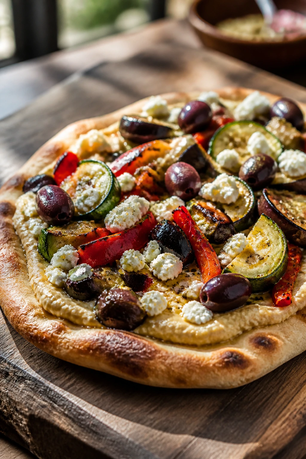 Flatbread topped with roasted vegetables, hummus, feta, olives