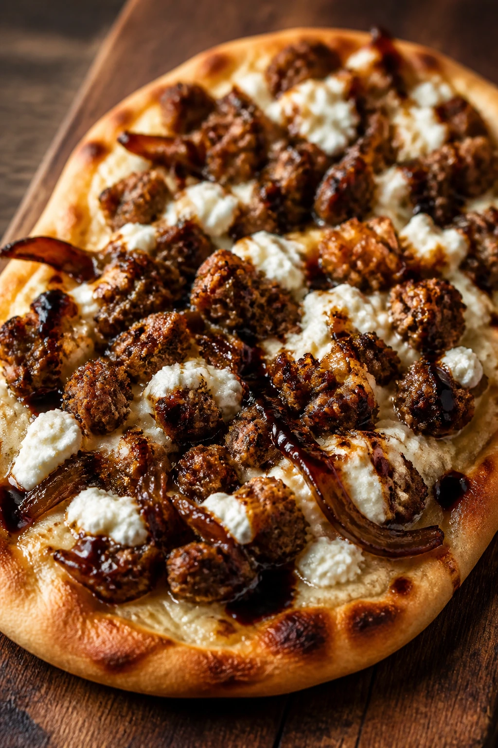 Close-up of sausage and goat cheese flatbread on a wooden board in a warm kitchen.