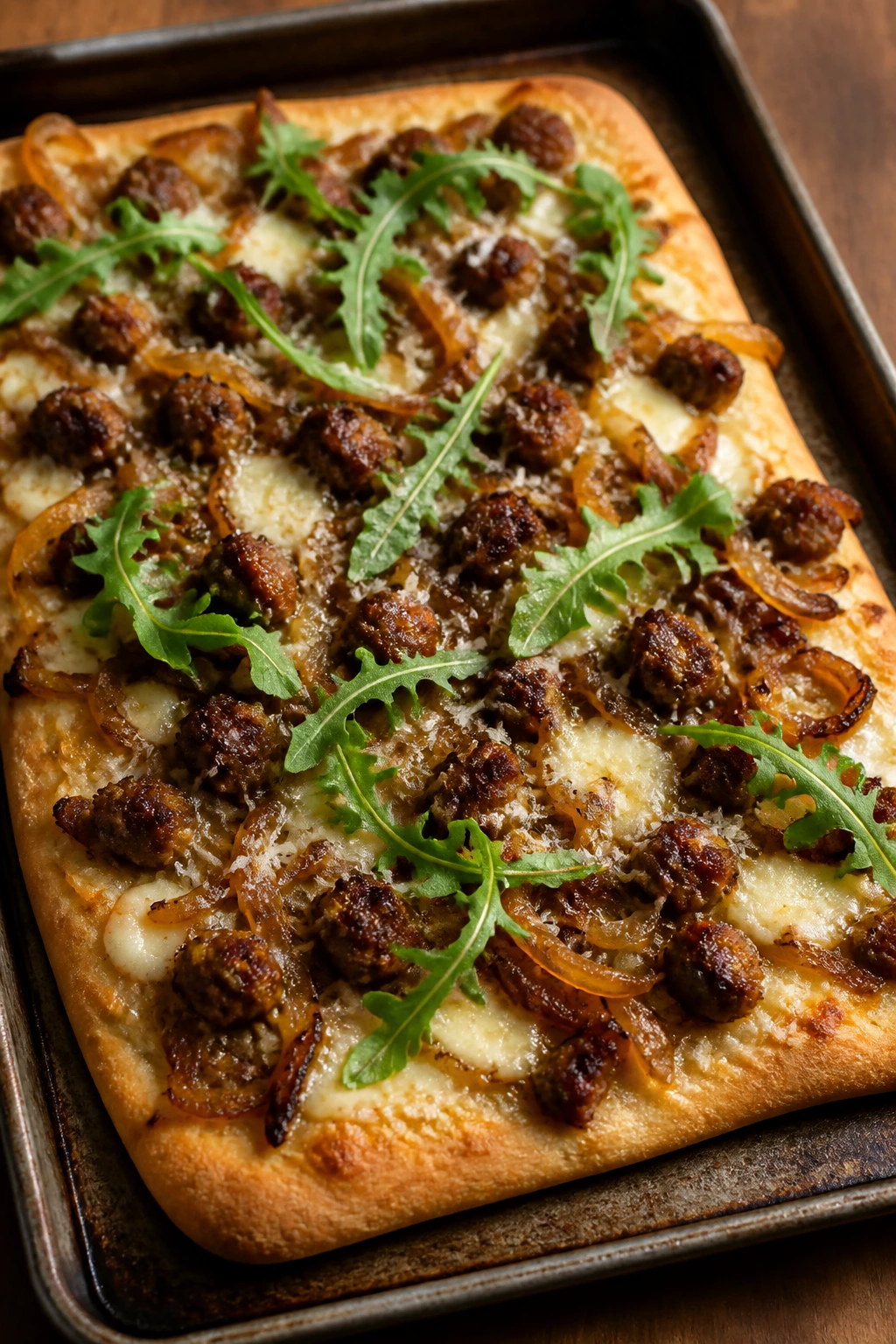 Flatbread topped with caramelized onions and sausage