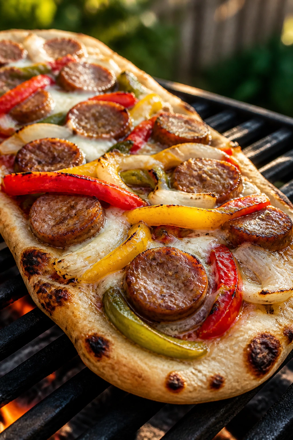 Close-up of sausage and pepper flatbread on the grill with melted cheese