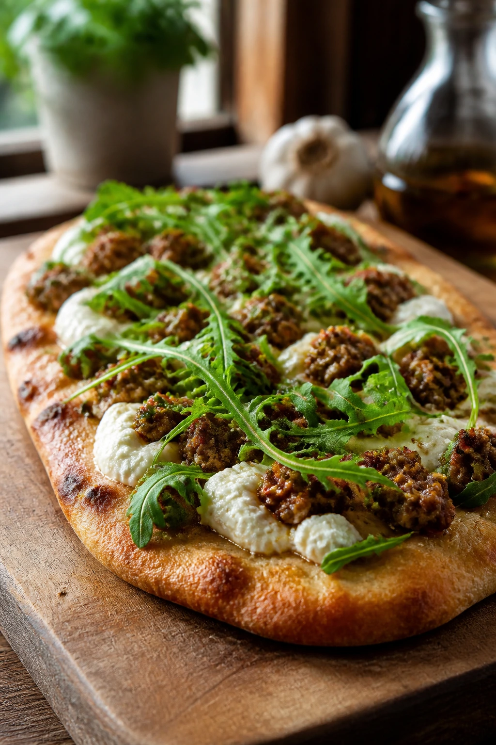 Flatbread topped with ricotta, sausage, and arugula on a wooden board