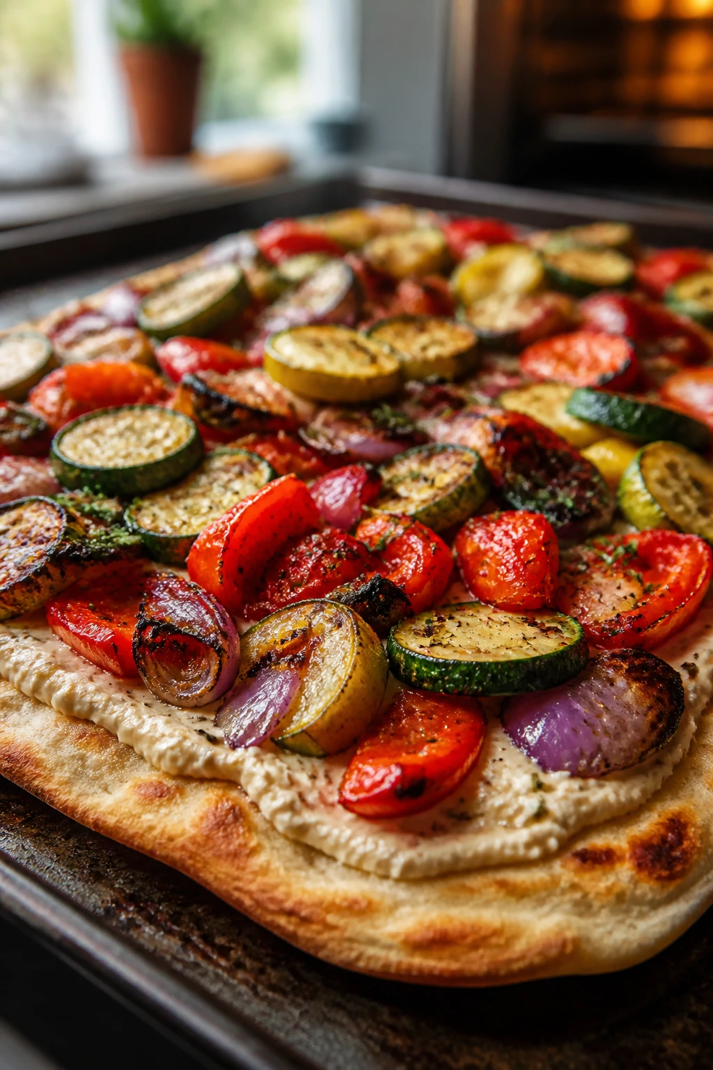 Close-up of Veggie Flatbread with White Bean Spread with roasted vegetables on sheet pan