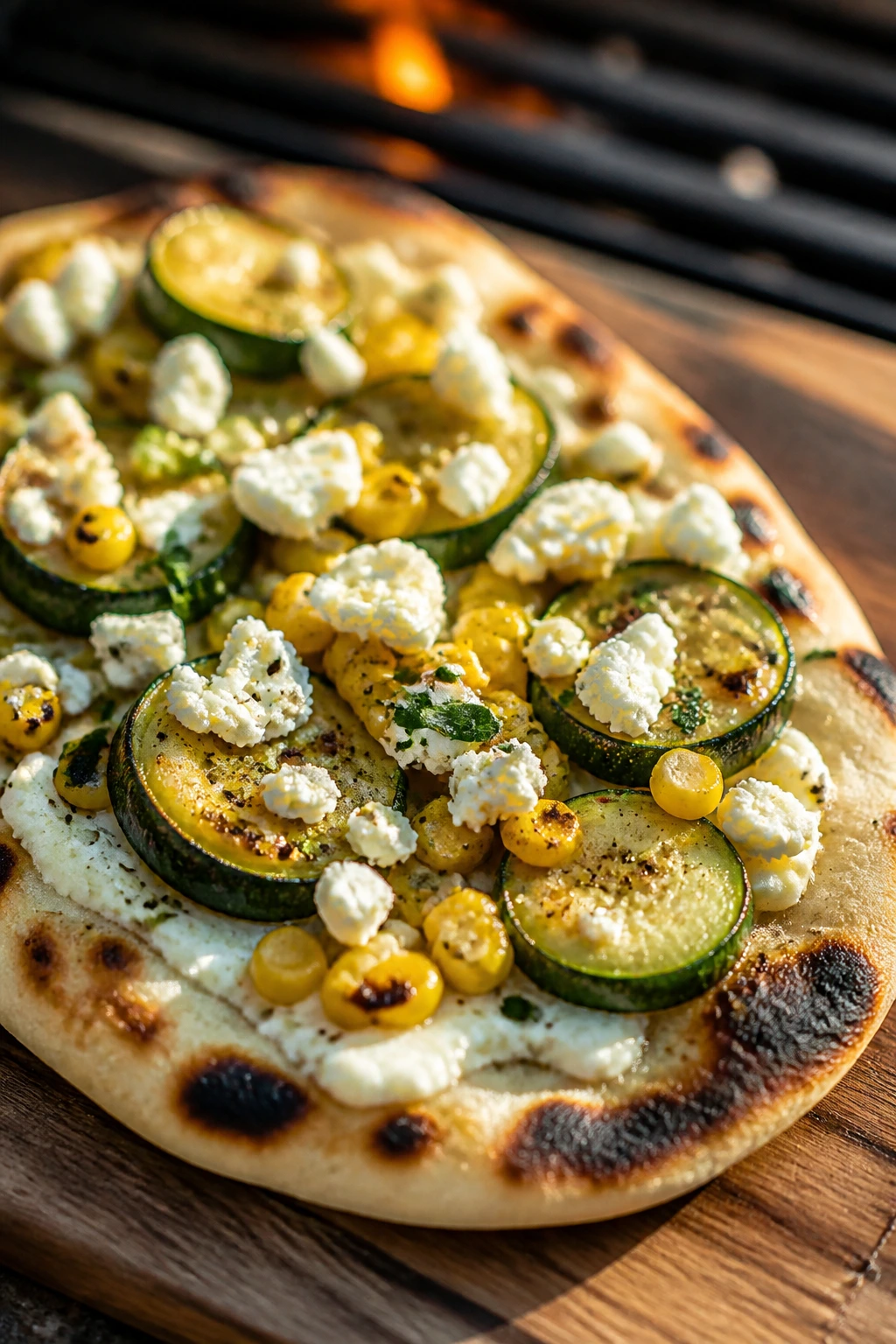 Flatbread topped with zucchini, corn, and feta