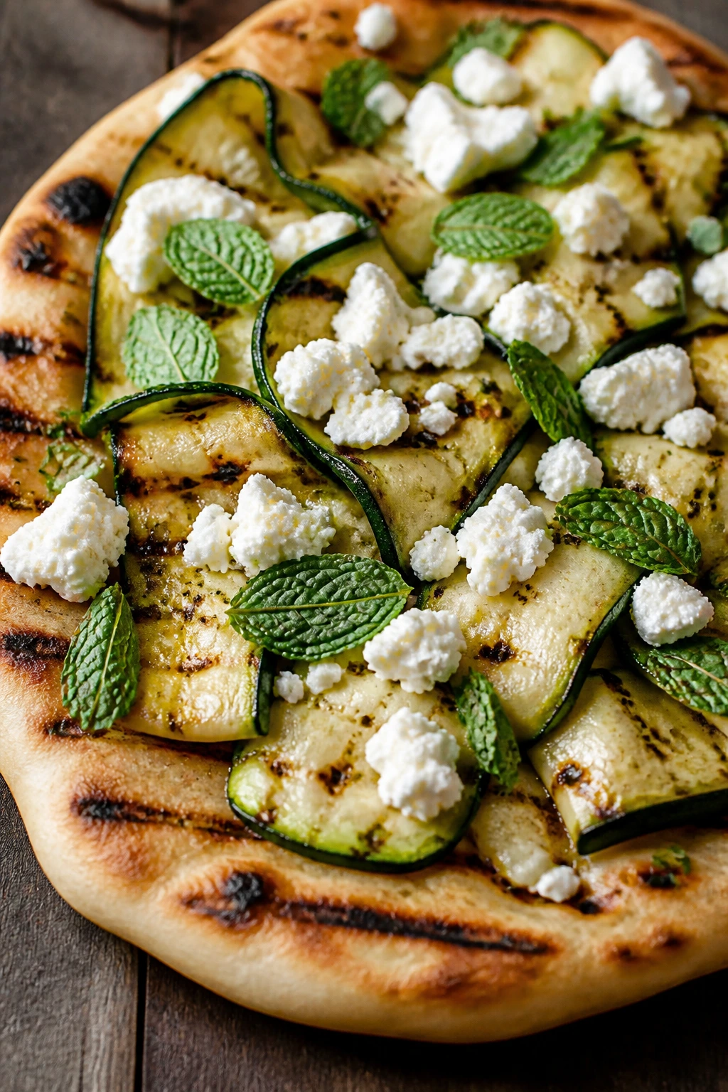 Close-up of grilled flatbread topped with zucchini feta mint