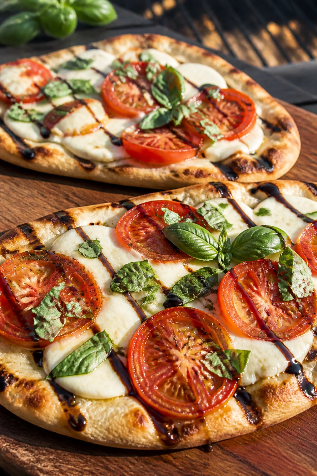 Flatbreads with tomato, mozzarella, and basil on a wooden board outdoors