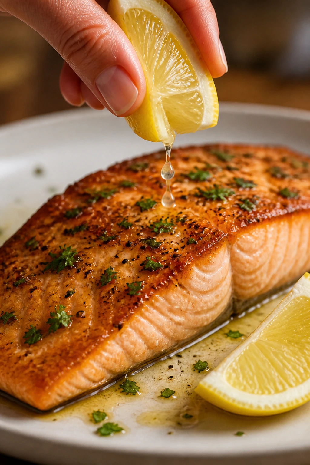 Salmon fillet with lemon finish on plate