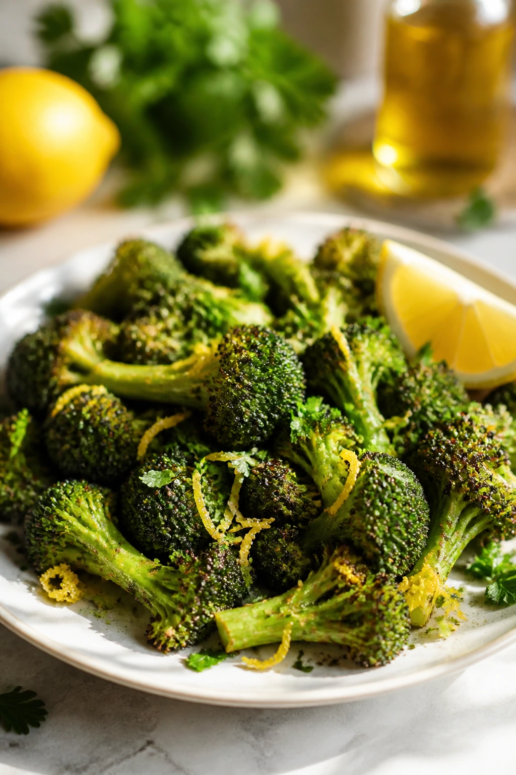 Close-up of a vibrant vegetable with lemon zest and herbs on a plate