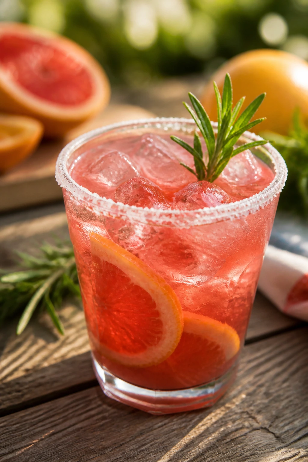 Fruit drink with salted rim and herb garnish